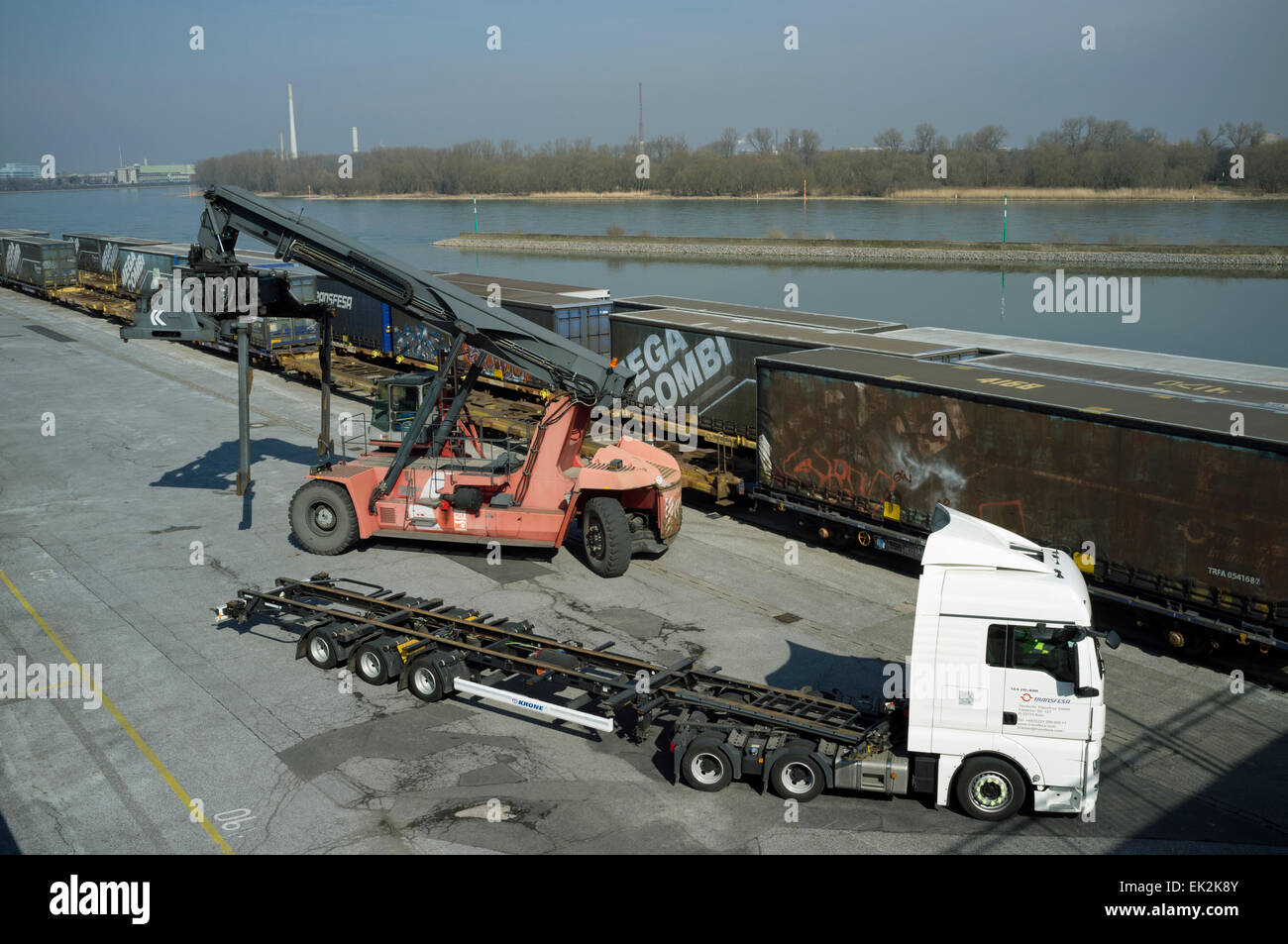 HGV truck waiting to be loaded with a container, Niehl 1, Cologne, Germany. Stock Photo