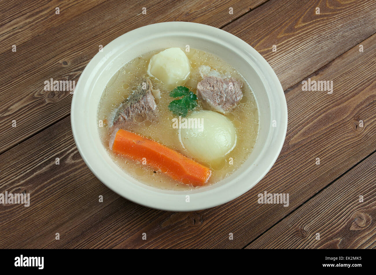 Aberaeron Broth - Welsh-language. broth which consists of bacon, beef, parsnips, cabbage, leeks, carrots Stock Photo