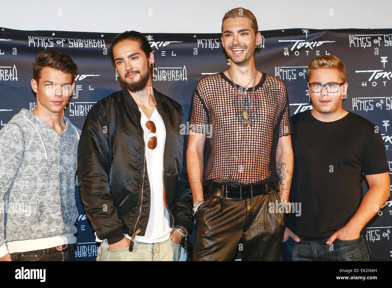 Tokio Hotel promoting their new album Kings of Suburbia at Kino Babylon. Featuring: Bill Kaulitz,Tom Kaulitz,Georg Listing,Gustav Schäfer Where: Berlin, Germany When: 02 Oct 2014 Stock Photo