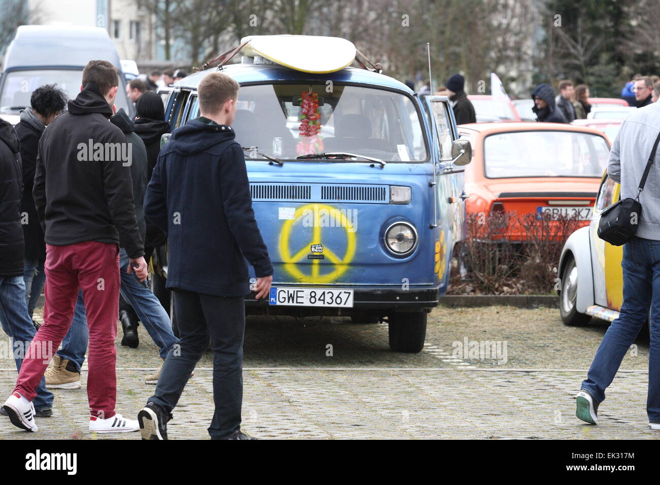 Gdansk, Poland. 6th April, 2015. Classic cars seazon opening in Gdansk. Hundreds of classic cars enthusiast shows their cars , all build before the 1989. Pictured : Volkswagen Tranporter california car Credit:  Michal Fludra/Alamy Live News Stock Photo