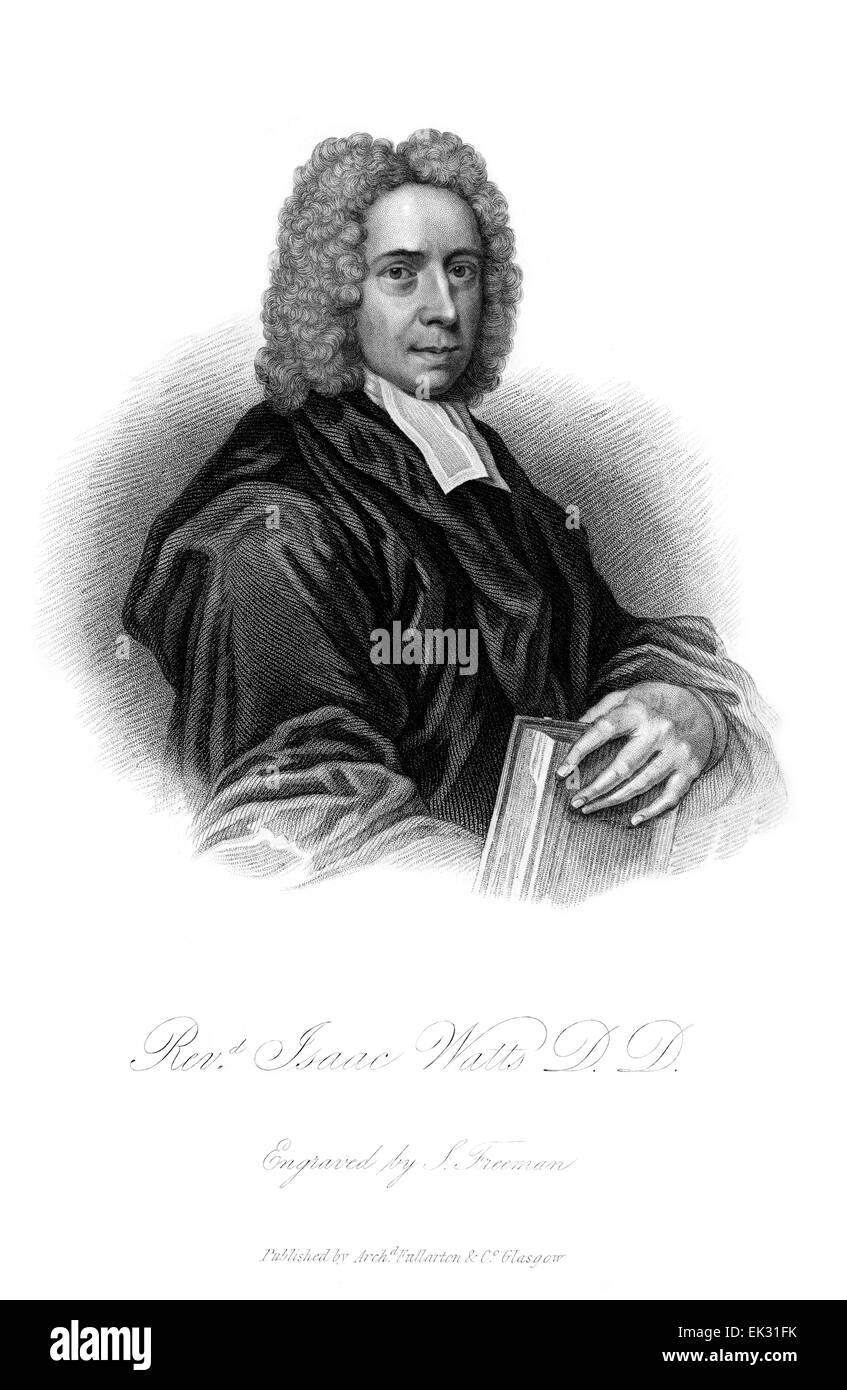 engraved portrait illustration of Rev Isaac Watts (1674-1748) was an English Christian hymnwriter, theologian and logician. A prolific and popular hymn writer, his work was part of evangelization. He was recognized as the 'Father of English Hymnody', credited with some 750 hymns. Many of his hymns remain in use today and have been translated into numerous languages. Engraved by Samuel Freeman (1773-1857) Stock Photo