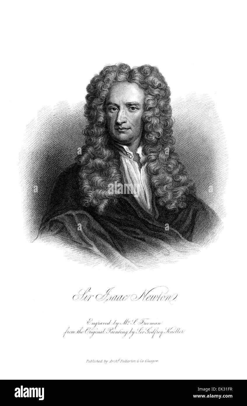 engraved portrait illustration of Sir Isaac Newton (1642-1727) was an English physicist and mathematician who is widely recognised as one of the most influential scientists of all time and as a key figure in the scientific revolution.Engraved by Samuel Freeman (1773-1857) from a painting by Sir Godfrey Kneller (1646-1723) Stock Photo