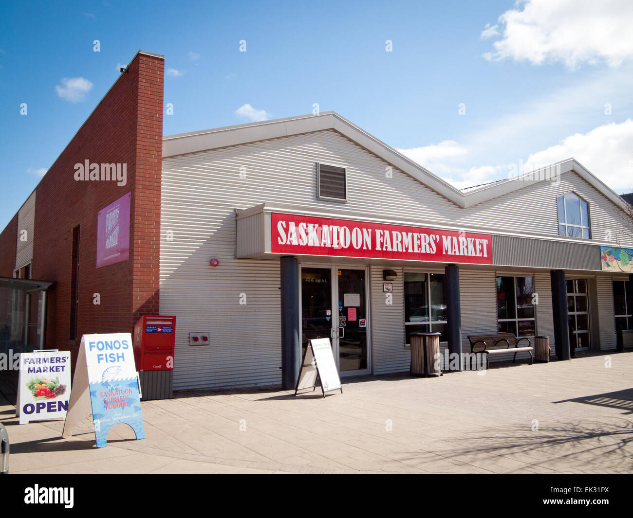 A view of the Saskatoon Farmers' Market building in the River Landing