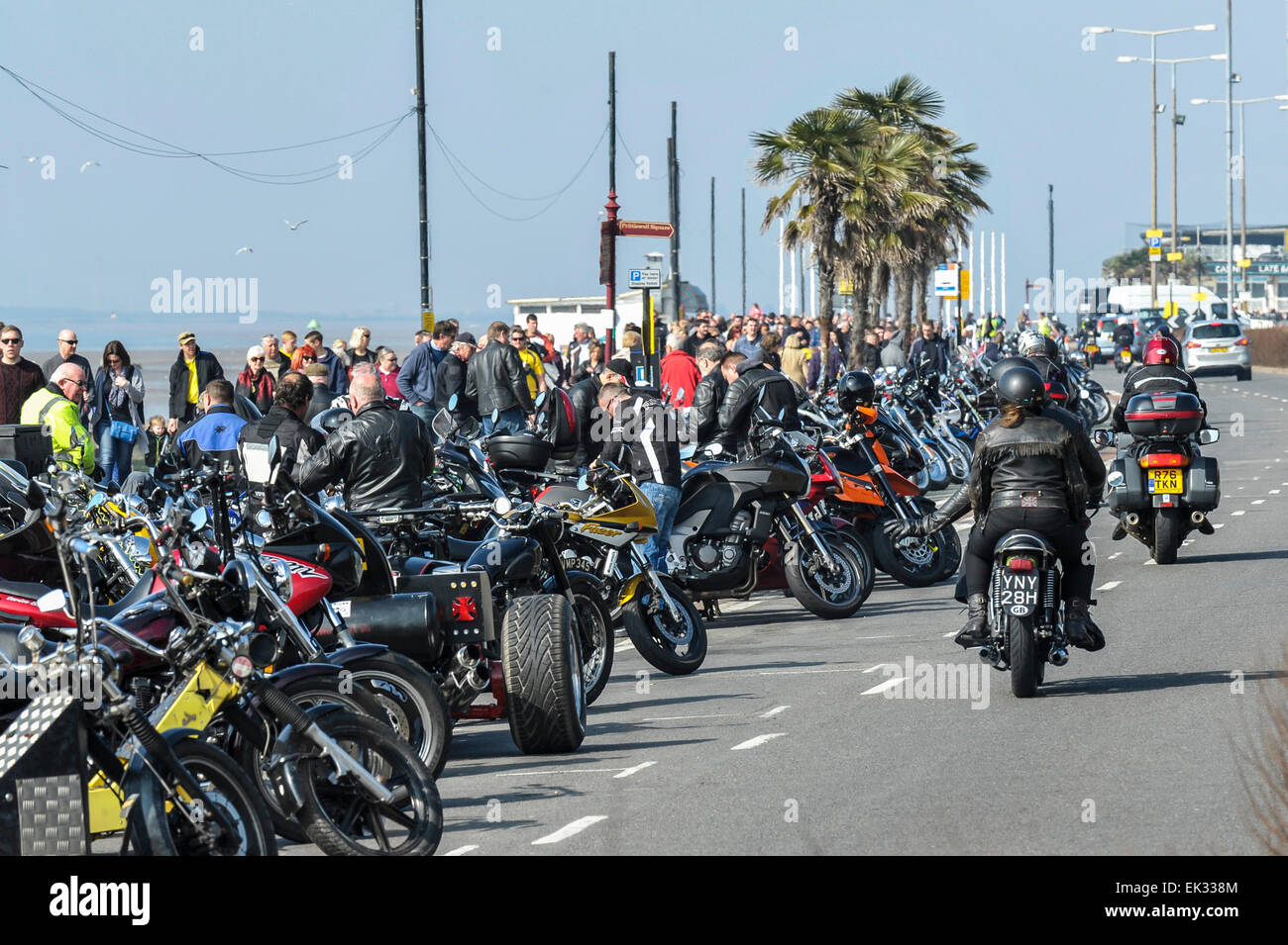 Southend on Sea, UK. 6th April, 2015. Monday 6th April, 2015.  Southend on Sea.  This Easter Bank Holiday over 10,000 motorbikes, scooters and trikes converged on Southend in Essex.  This event is a great way to dust off those winter blues, rev up and join Ace Cafe London’s first major ride out of the year. Credit:  Gordon Scammell/Alamy Live News Stock Photo