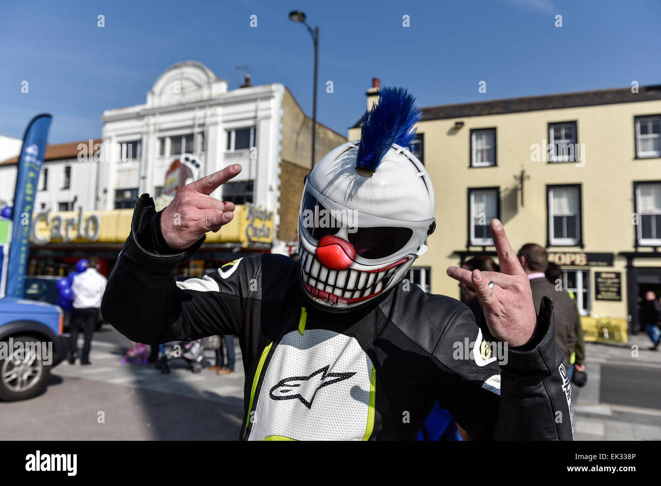 Southend on Sea, UK. 6th April, 2015. Monday 6th April, 2015.  Southend on Sea.  Danny, from Hornchurch in Essex arrives at the Southend Shakedown wearing a very natty crash helmet.  This Easter Bank Holiday over 10,000 motorbikes, scooters and trikes converged on Southend in Essex.  This event is a great way to dust off those winter blues, rev up and join Ace Cafe London’s first major ride out of the year. Credit:  Gordon Scammell/Alamy Live News Stock Photo