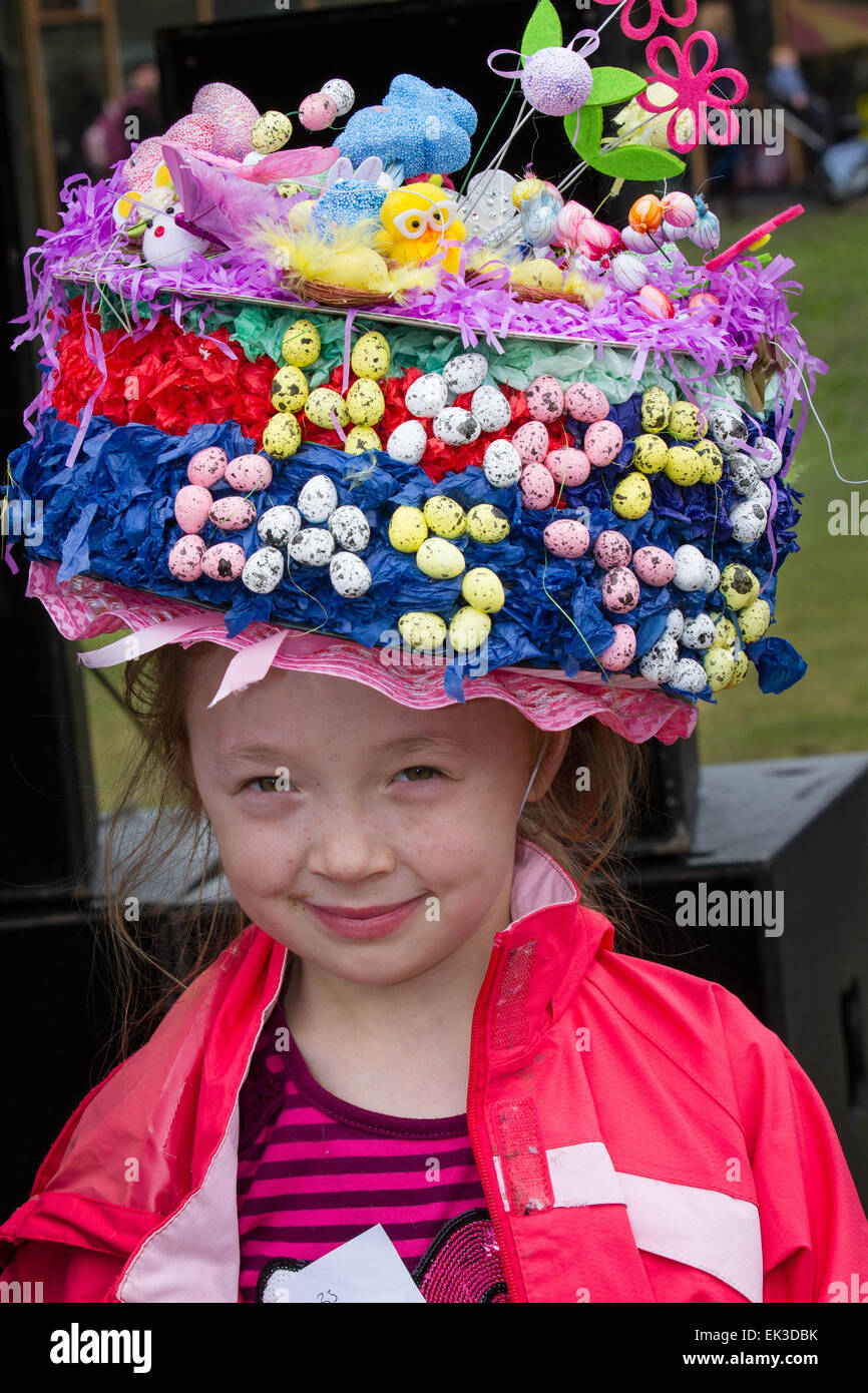 Decorated Easter bonnet hat parade, creative arts and crafts design, hat  creations, egg-citing competition, fun Easter crowns, decorative toppers,  designs & skills, egg-sellent entry on Easter Monday in Avenham Park,  Preston, Lancashire,