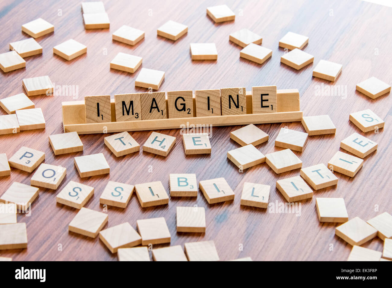 April 4, 2015:  Houston, TX, USA - Scrabble Word Game wood tiles spelling Imagine The Possibilities Stock Photo