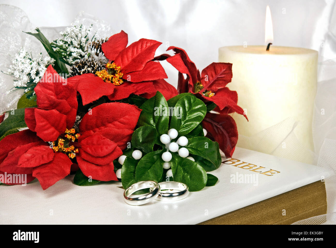 Christmas poinsettia bouquet with wedding rings on a white Holy Bible