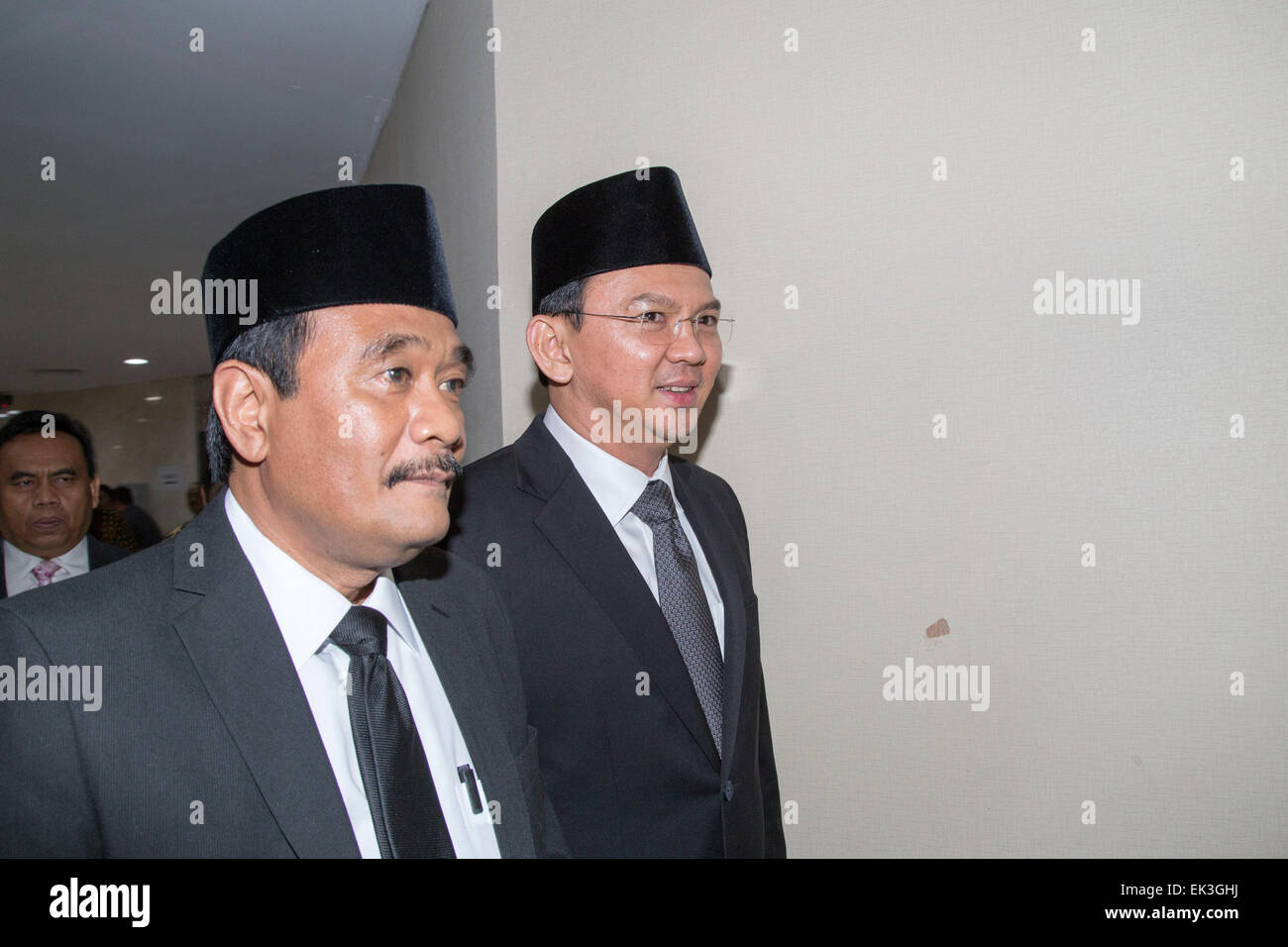 Jakarta, Indonesia. 06th Apr, 2015. Basuki Tjahja Purnama known as Ahok, Jakarta Governor in Indonesia entering the Jakarta House of Representative. Ahok facing pressure from Jakarta House of Representative regarding the Jakarta Fund reserve that could lead him to impeachment. Credit:  Donal Husni/Alamy Live News Stock Photo