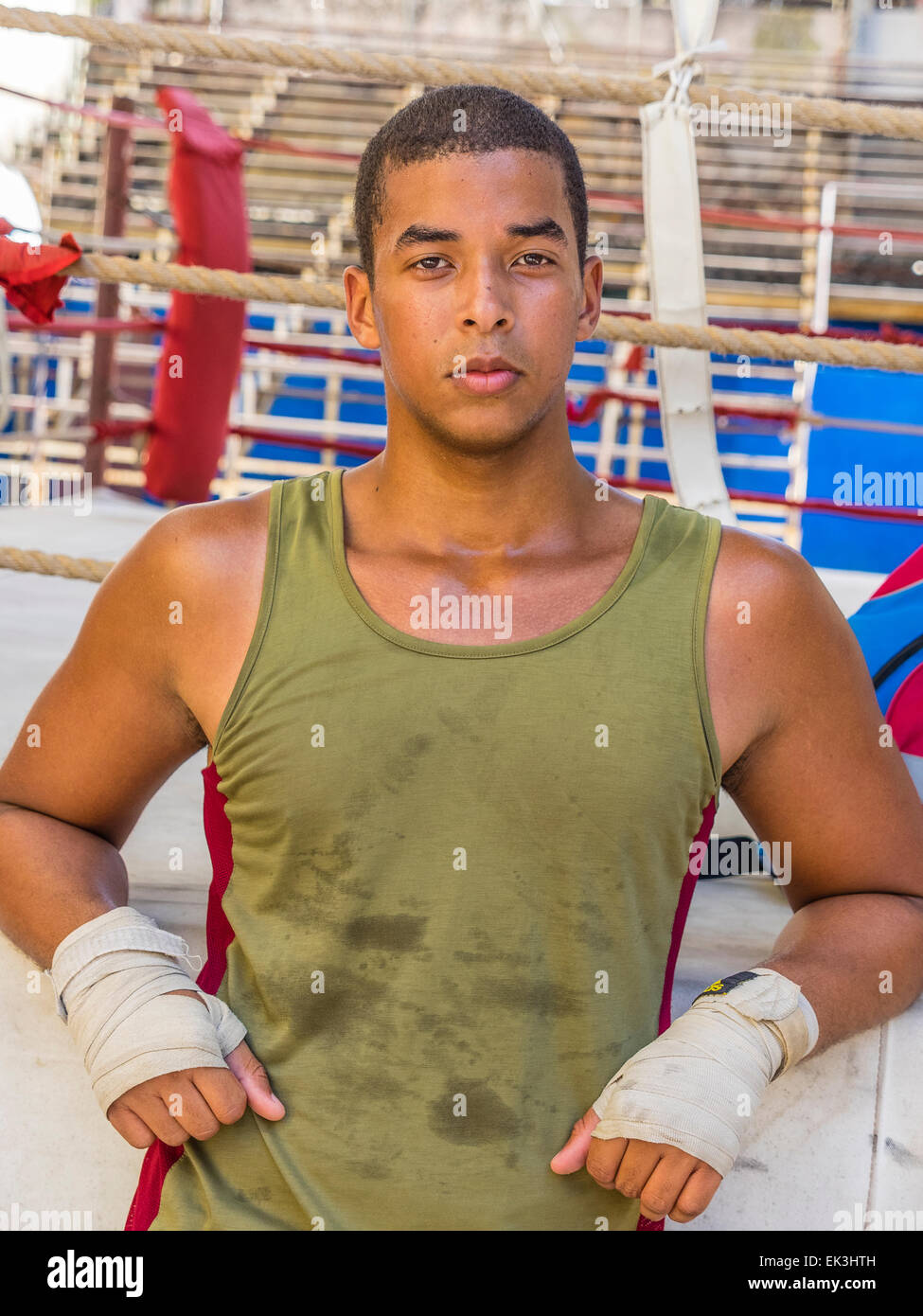 Closeup portrait of an AfroCuban boxer at the Rafael Trejo Boxing Gym