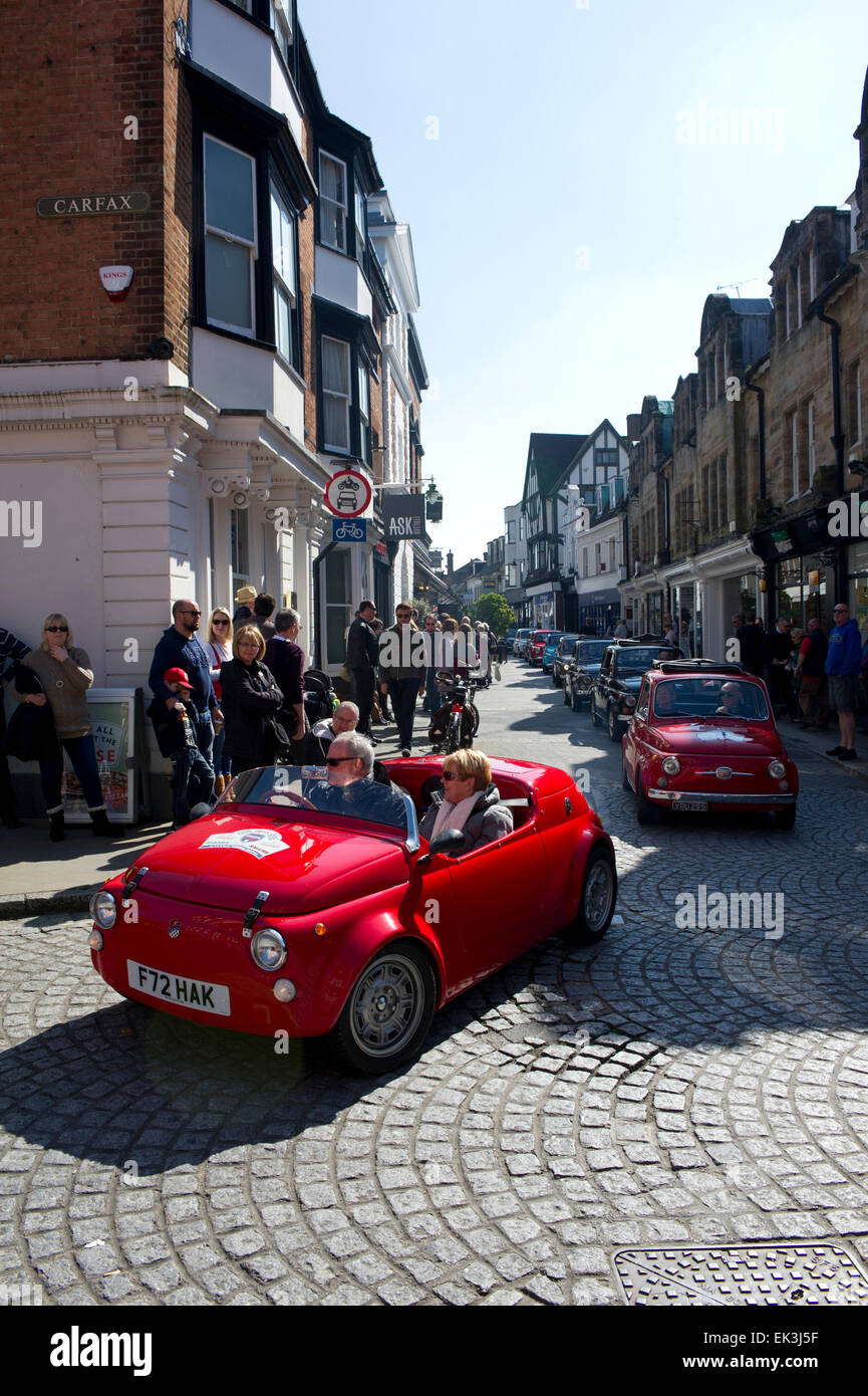 Horsham, UK. 06th Apr, 2015. Fiat 500 series car rally during the Horsham Piazza Italia festival on Monday 6 April 2015. Piazza Italia 2015 was held in Horsham, West Sussex, from Friday 3 April to Monday 6 April 2015. Credit:  Christopher Mills/Alamy Live News Stock Photo