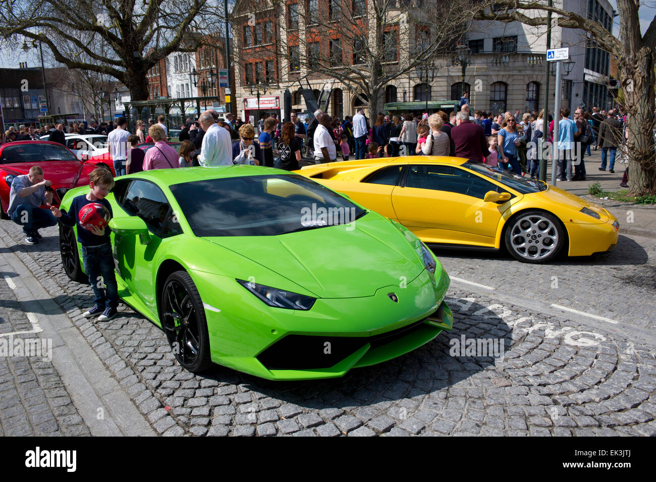 Horsham, UK. 06th Apr, 2015. Lamborghini cars displayed in the Carfax, Horsham during the Horsham Piazza Italia on Monday 6 April 2015. Piazza Italia 2015 was held in Horsham, West Sussex, from Friday 3 April to Monday 6 April 2015. Credit:  Christopher Mills/Alamy Live News Stock Photo