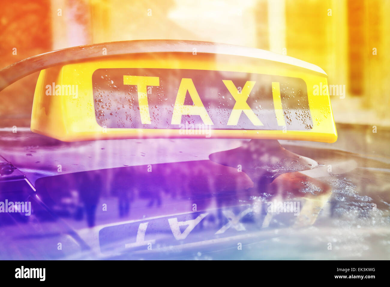 Taxi Cab Car Roof Sign Close Up with selective focus, Double Exposure Stock Photo