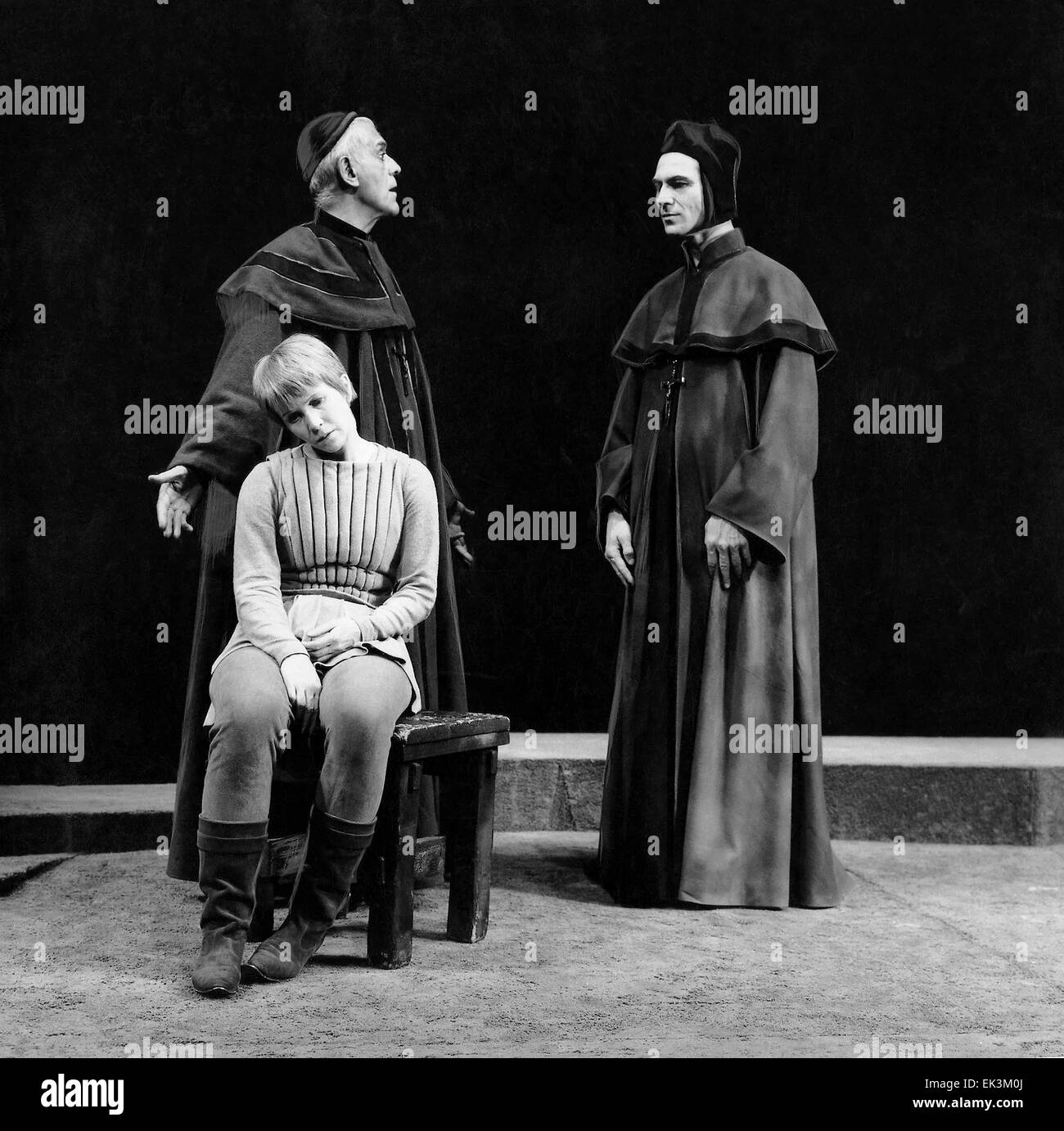 Boris Karloff, Julie Harris, Joseph Wiseman, on-set of the Broadway Play 'The Lark', Longacre Theater, New York, 1955 Stock Photo