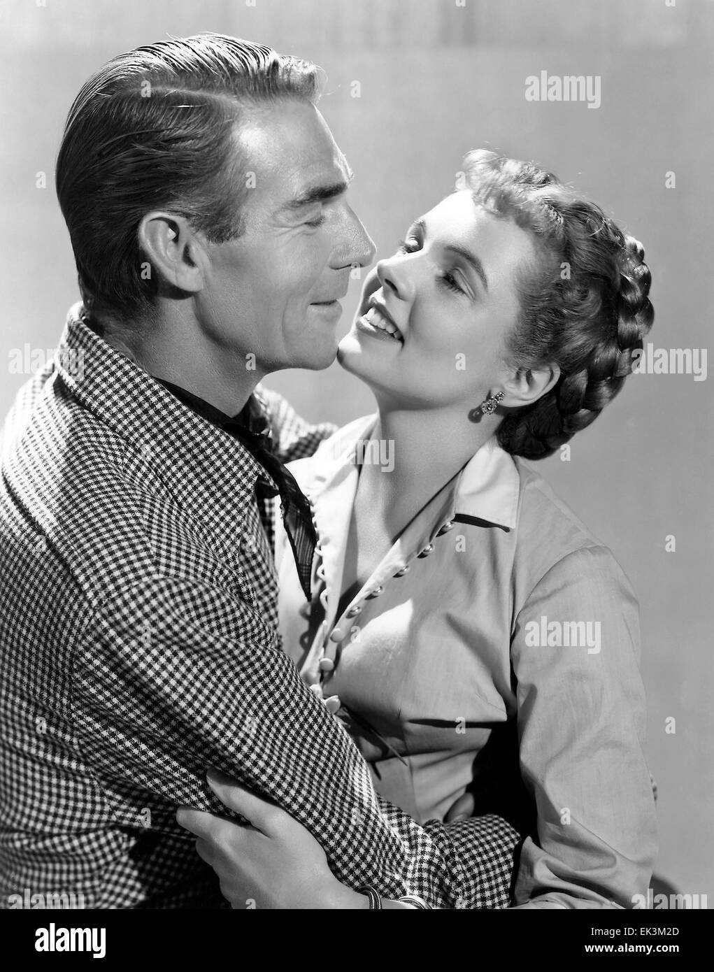 Randolph Scott, Jane Wyatt, on-set of the Film 'Canadian Pacific', 1949 Stock Photo