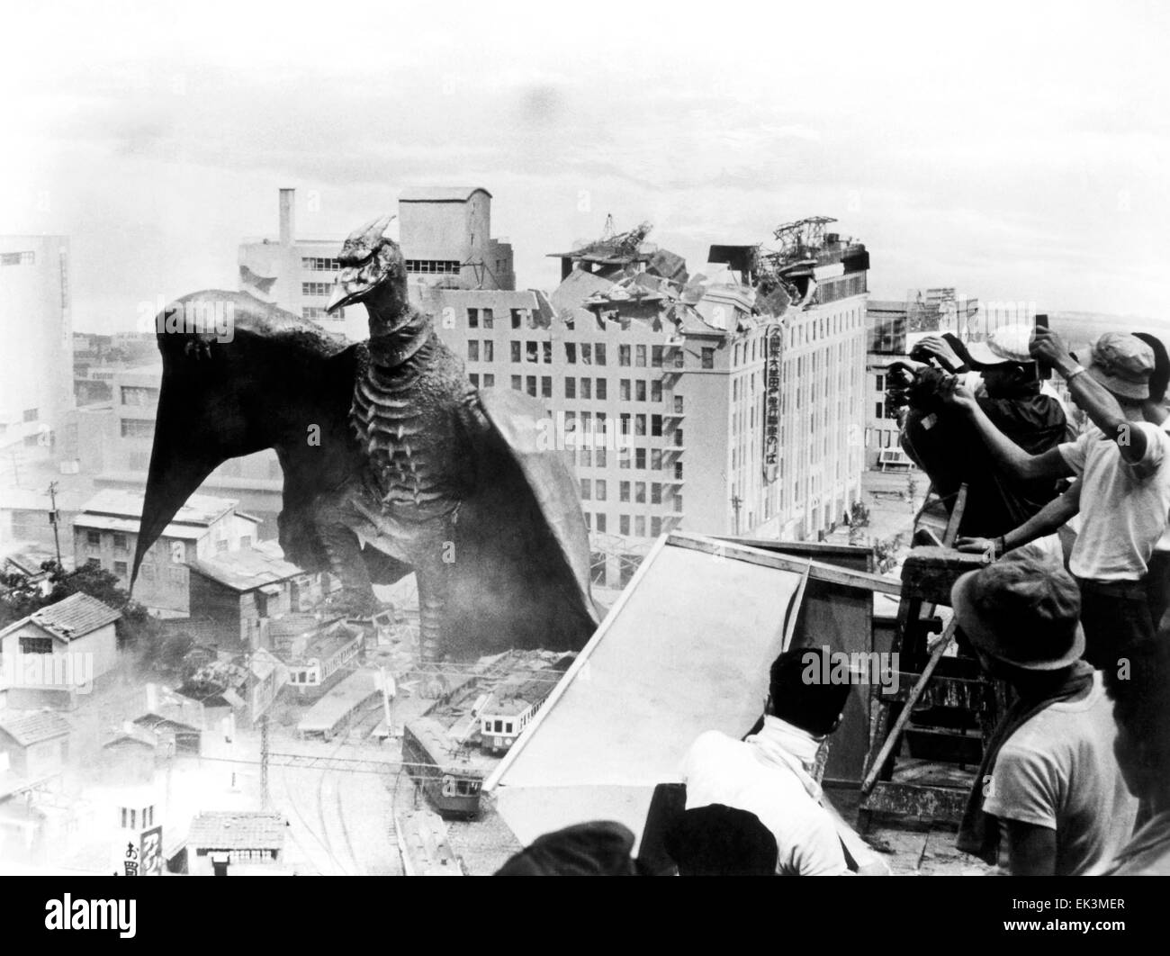 Flying Creature Destroying Buildings, on-set, 'Rodan'(aka Sora No Daikaiju Radon), 1956 Stock Photo