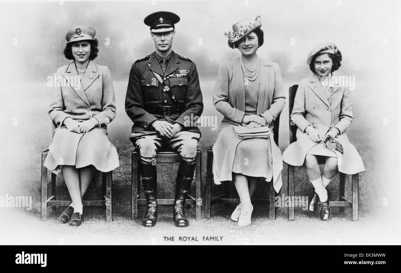 King George VI, H.M. Queen Elizabeth, Princesses Elizabeth and Margaret, of United Kingdom, Portrait, World War II Stock Photo