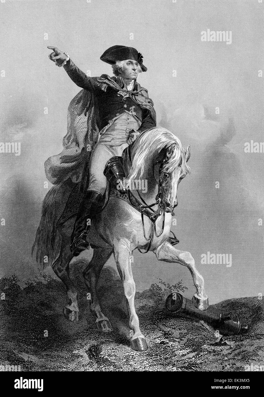 George Washington, Portrait on Horse, Engraved from Portrait by Alonzo Chappel, circa. 1770's Stock Photo