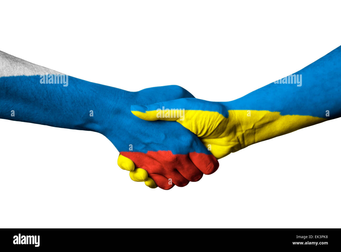 United Kingdom flag and Ukraine flag across handshake isolated on white background. Stock Photo