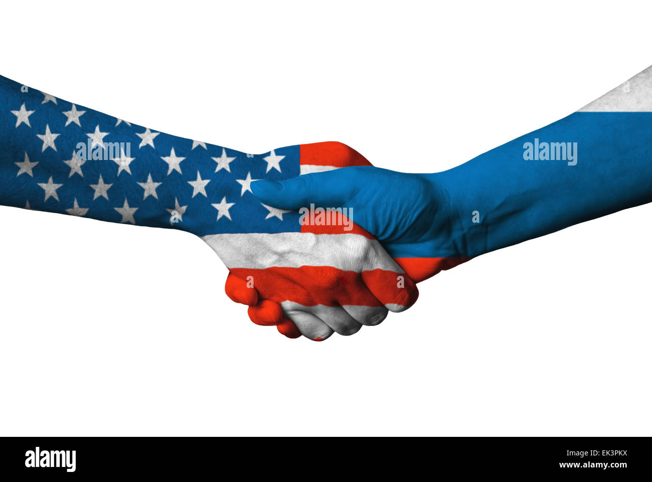 USA and Russian flag across handshake isolated on white background. Stock Photo