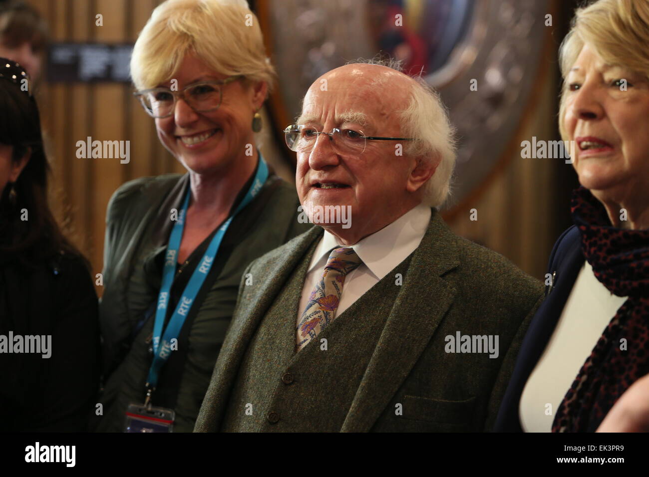 Dublin, Ireland. 06th Apr, 2015. Image from the Abbey Theatre in Dublin city where Irish President Michael D. Higgins attends a series of lectures as part of the 'Road to the Rising' 1916 Easter Rising commemorations Credit:  Brendan Donnelly/Alamy Live News Stock Photo