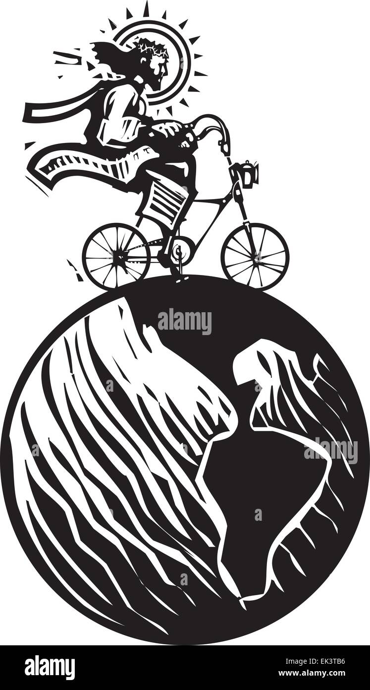 Woodcut Style image of Jesus Christ riding a fixie bicycle traveling the world Stock Vector