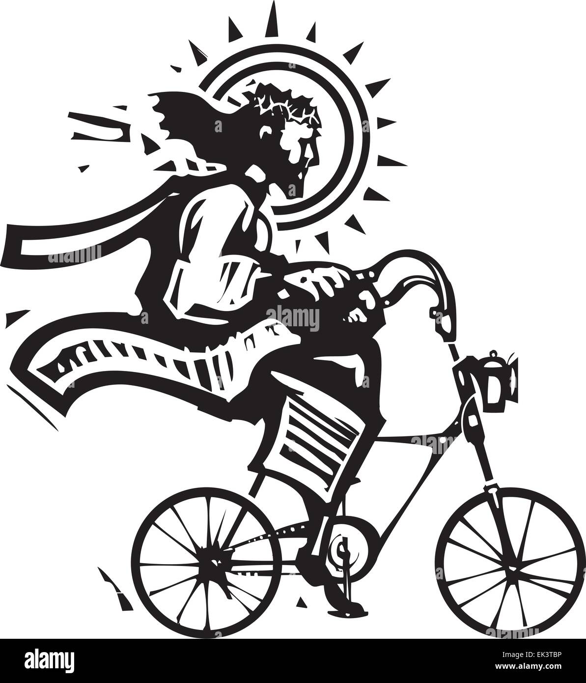 Woodcut Style image of Jesus Christ riding a fixie bicycle Stock Vector
