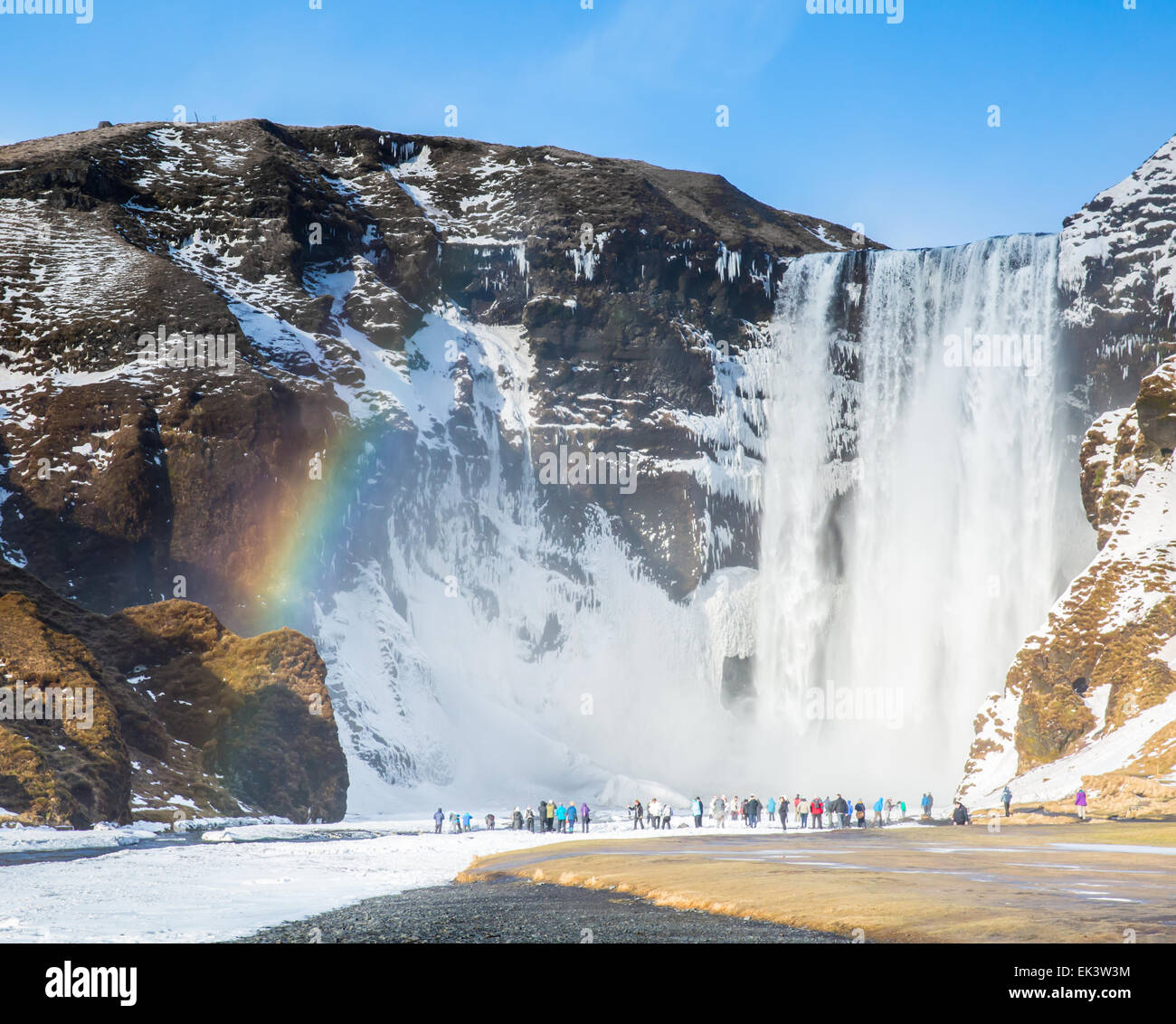 Skogafoss waterfall with a smattering of snow taken in February 2015 Stock Photo