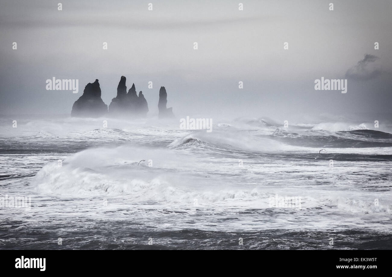 Giant waves and rough seas along the south coast of Iceland, batter the sea stacks near Vik. Stock Photo