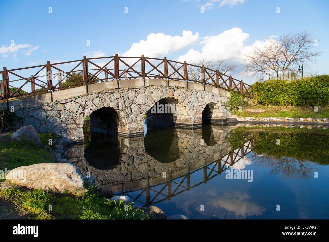 Stone arch bridge reflection view on a lake in a park with blue sky background at the beginning of spring season Stock Photo
