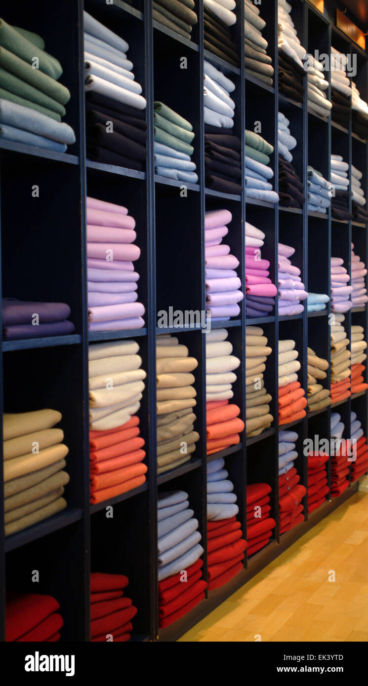 Cashmir Pullover shelf rack  in a shop Scotland United Kingdom Europe Stock Photo