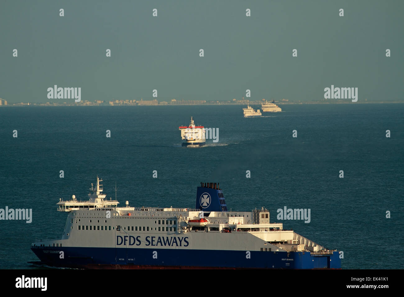 Channel Ferries Crossing the Dover Straits with Calais in distance