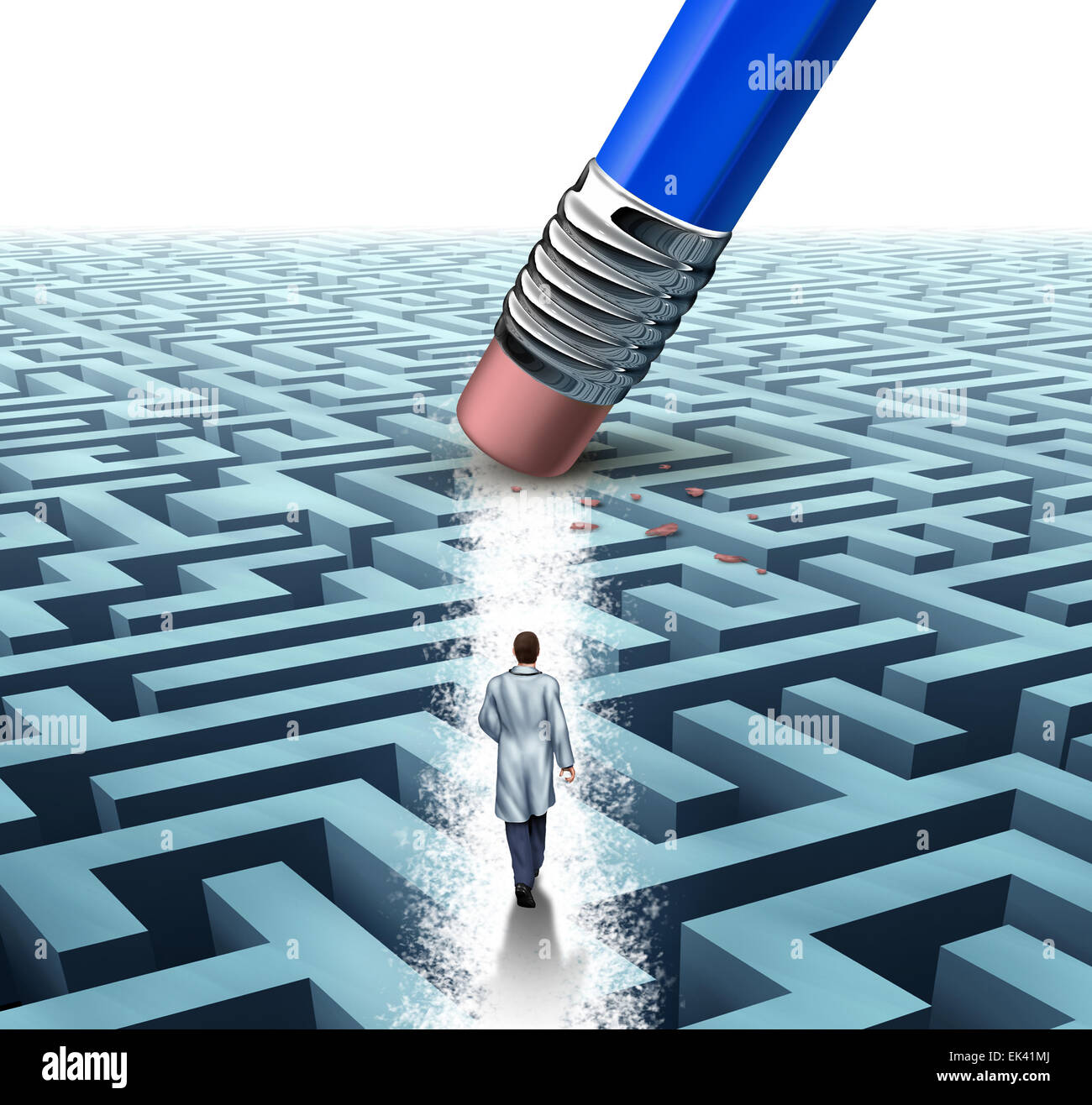 Medical leadership health care concept as a doctor or scientist walking through a maze that has been erased by a blue pencil as Stock Photo