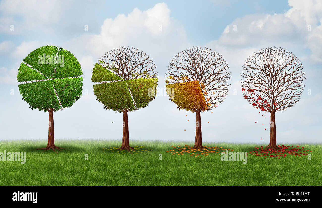 Market share decline concept as a group of trees shaped as a pie chart gradualy losing leaves as a financial crisis symbol and investment loss icon. Stock Photo