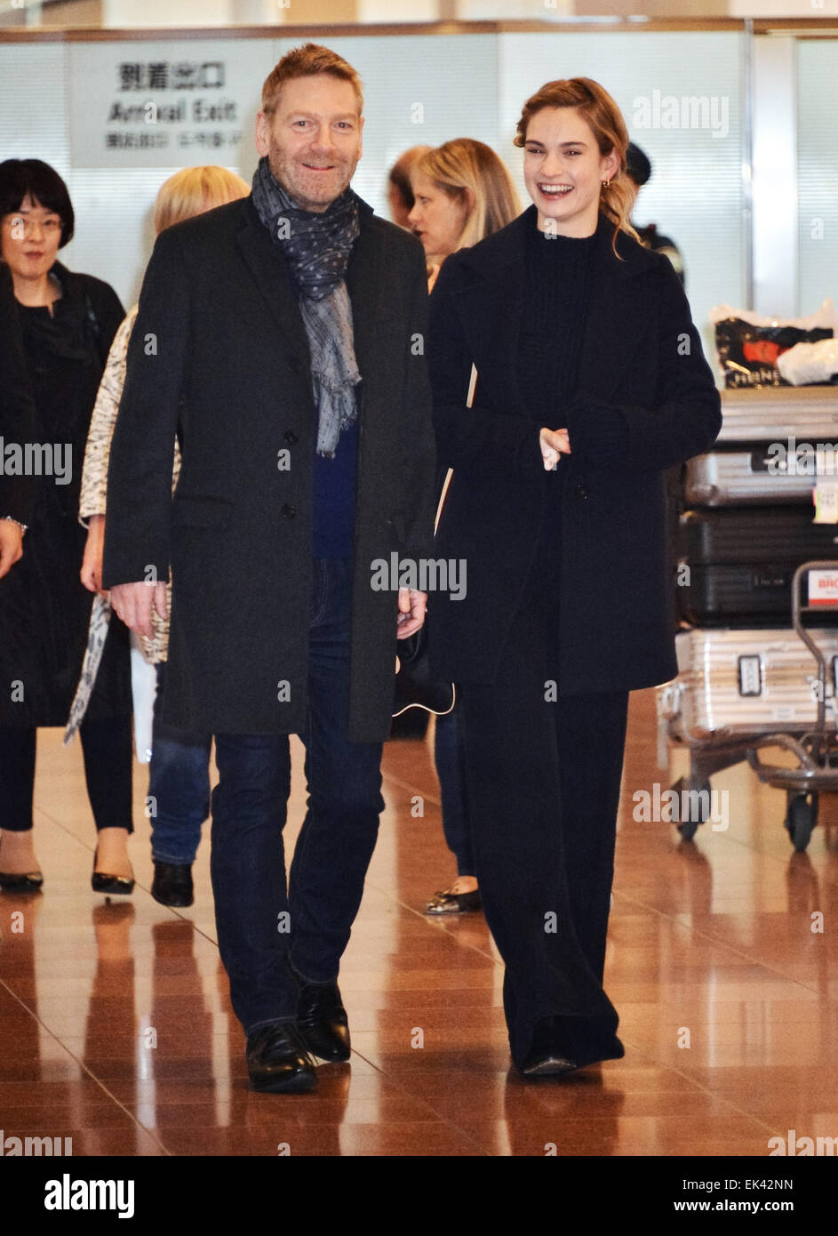 Lily James, Kenneth Branagh, April 6, 2015, Tokyo, Japan: Actress Lily James and director Kenneth Branagh arrive at Haneda International Airport in Tokyo, Japan, on April 6, 2015. Stock Photo