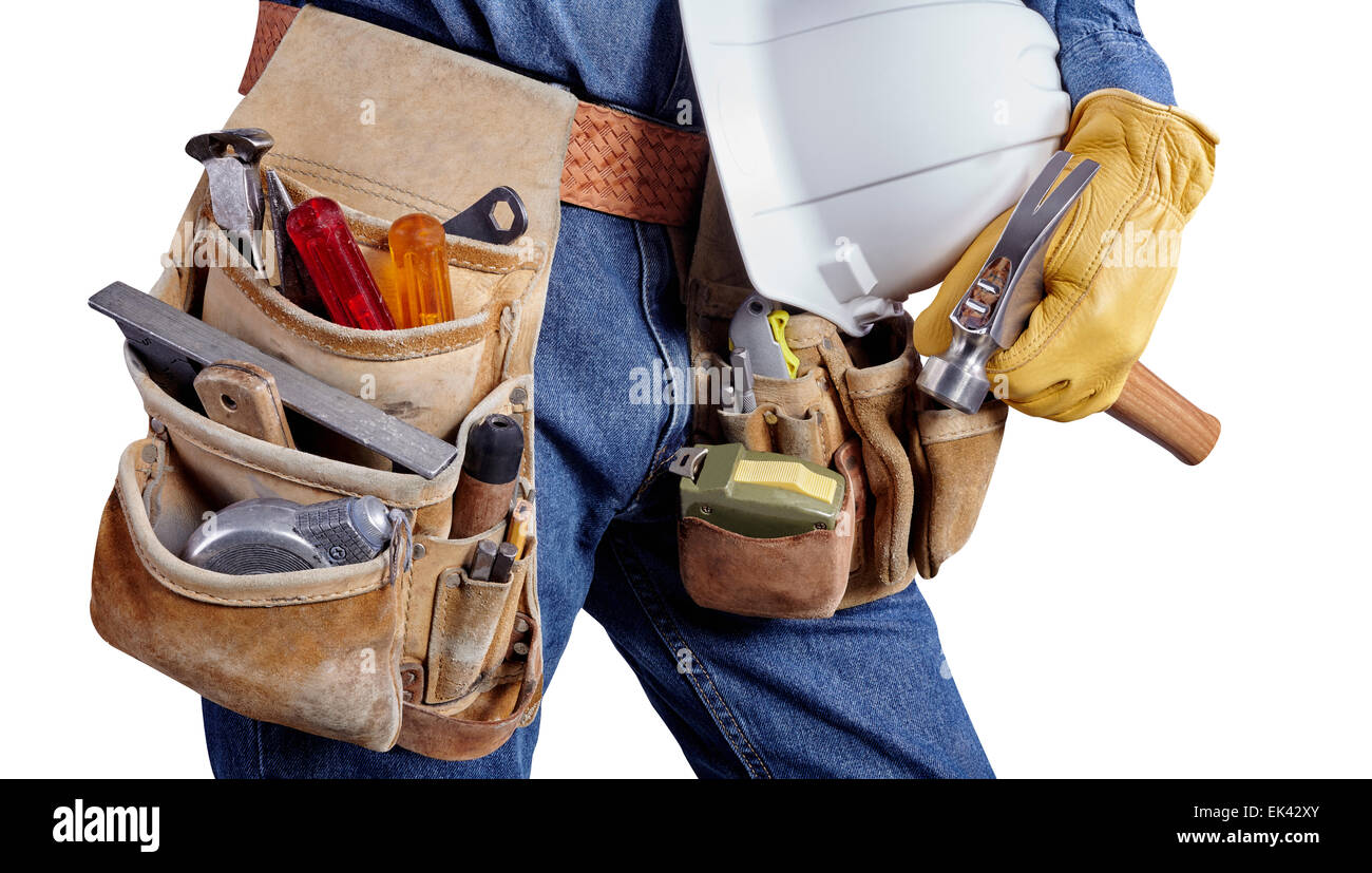 Contractor Man With Carpenter Toolbelt and Hammer Isolated on White Background Stock Photo