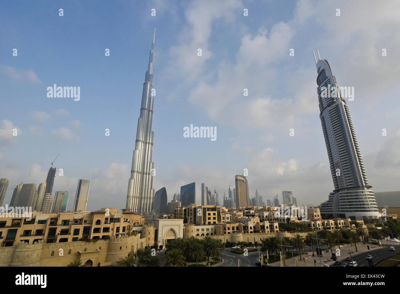 Burj Khalifa (tower on left), The Address (tower on right), and skyline of Dubai, United Arab Emirates Stock Photo