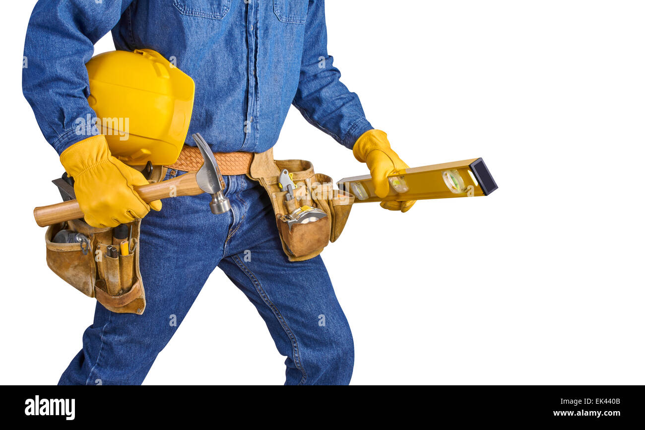 Contractor Man With Carpenter Toolbelt Walking Isolated on White Background Stock Photo