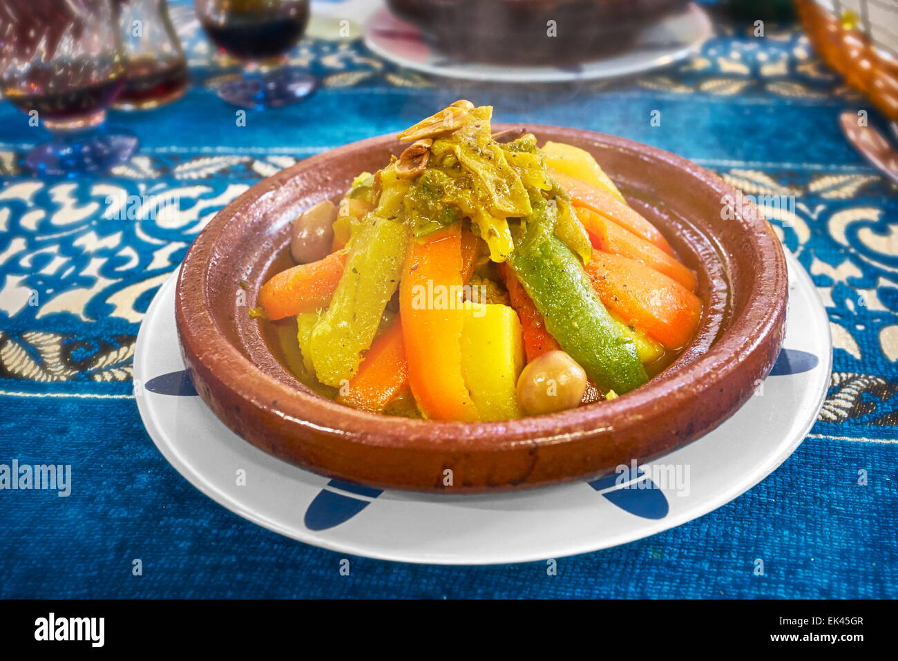 Moroccan food tagine tajine served in restaurant in Fez Medina, Morocco Stock Photo