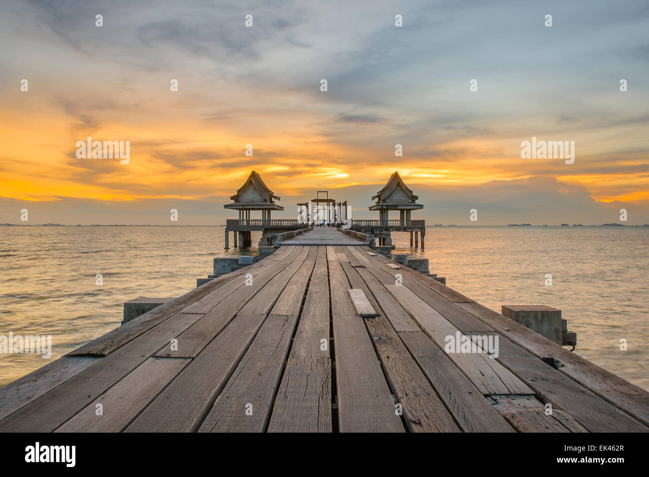 Landscape of Wooded bridge pier between sunset. Summer travel in Phuket ,Thailand. Stock Photo