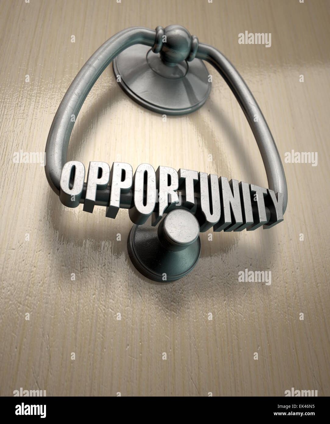 A metal door knocker with the word opportunity extruded on it munted on a wooden door background with copy space Stock Photo
