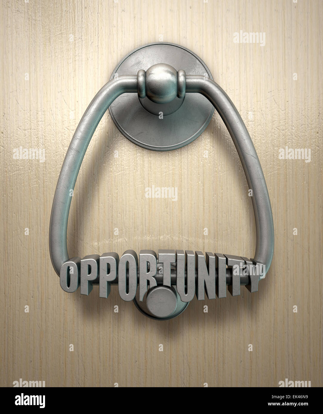 A metal door knocker with the word opportunity extruded on it munted on a wooden door background with copy space Stock Photo