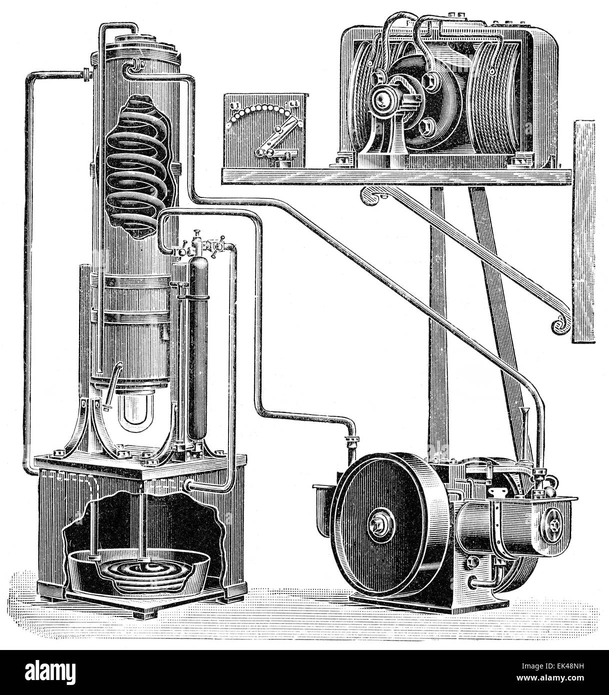Apparatus for liquefying gas mixtures in the Linde process by Carl Paul Gottfried Linde; 1842 - 1934; a German engineer Stock Photo