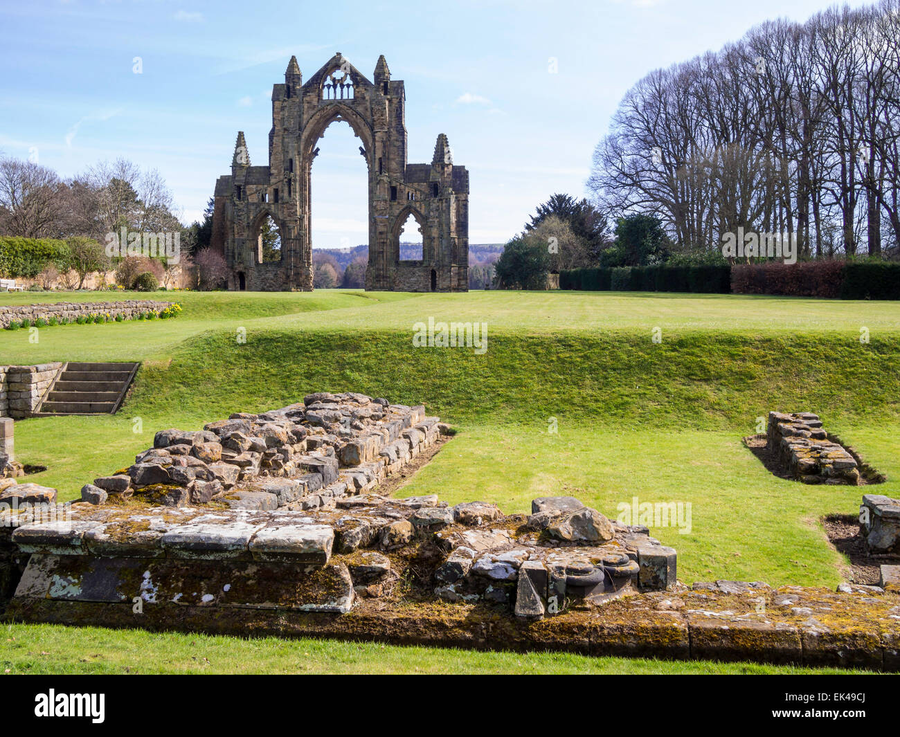 The ruins of the east end of a 14th century  Augustinian priory founded by the Bruce family, afterwards Kings of Scotland. Stock Photo