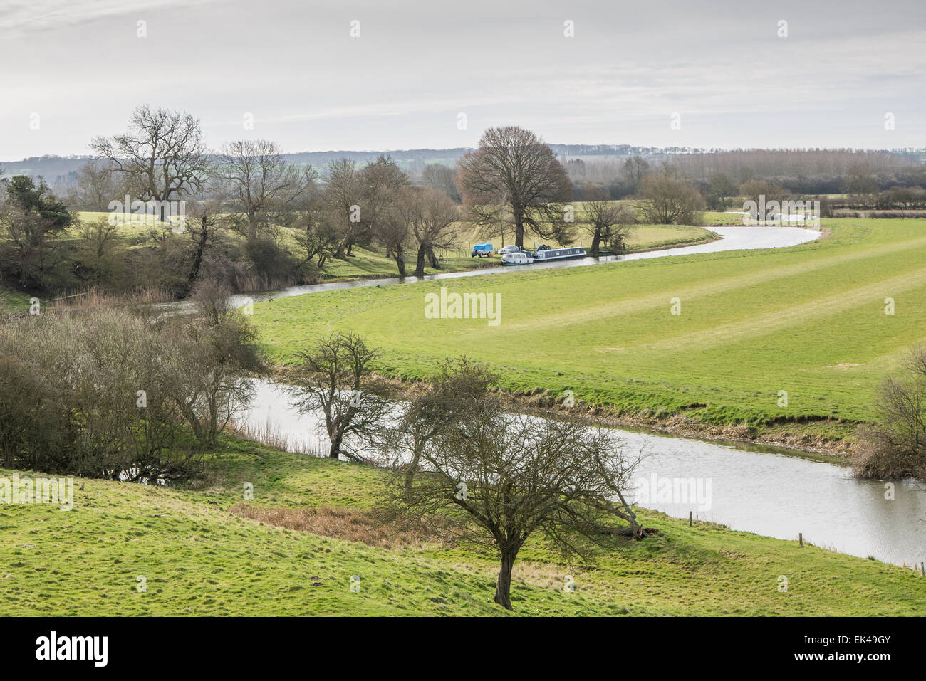 View from a mound at Fotheringham, England, of the river Nene which fed the moat around the castle on the mound (motte) that was Stock Photo