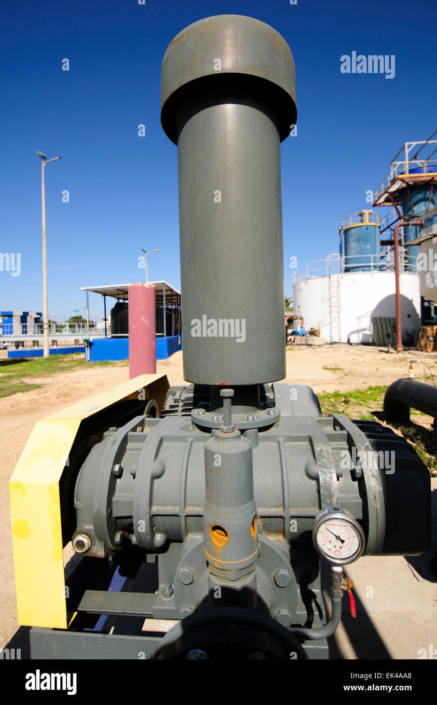 water pumps at the Sewerage treatment facility. The treated water is then used for irrigation and agricultural use. Photographed Stock Photo
