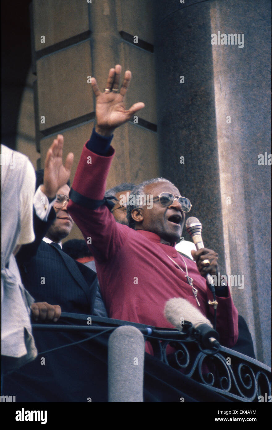 On 13 September 1989, 30 000 Capetonians from a diverse cross-section of the city marched in support of peace and the end of apartheid. The event, led by Mayor Gordon Oliver, Archbishop Tutu, Rev Frank Chikane, Moulana Faried Esack, Allan Boesak, and other religious leaders, was held in defiance of the State of Emergency which banned political protests and apartheid laws which enforced racial segregation.   'We have scored a great victory for justice and peace,' Tutu told the many protestors.  'We Shall Overcome,' was sung by the marchers as they walked arm in arm from St. George's Cathedral t Stock Photo