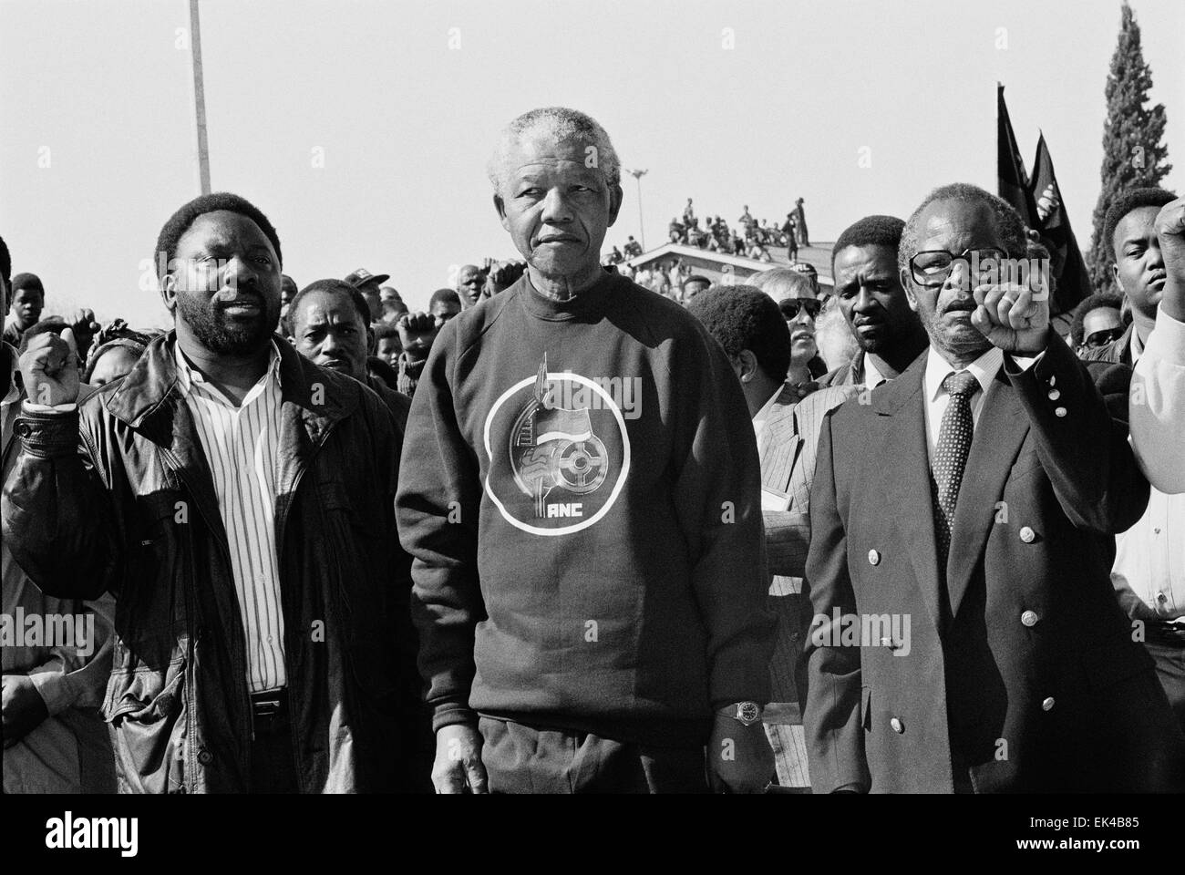 Cyril Ramaphosa,Nelson Mandela and Oliver Tambo march through Soweto to the newly erected Memorial to Hector Pieterson and all the other young heroes and heroines who laid down their lives in the fight for freedom, democracy and peace. of our struggle, 16 June 1992.Hector Petersen was said to have been the first person to die on June 16, 1976 and  more than 600 people killed in violent confrontations with police since that day.Defying calls on his organisation call off its mass action campaign, Mr Mandela also led a march by about 2000 supporters through Soweto to the memorial site at the Regi Stock Photo