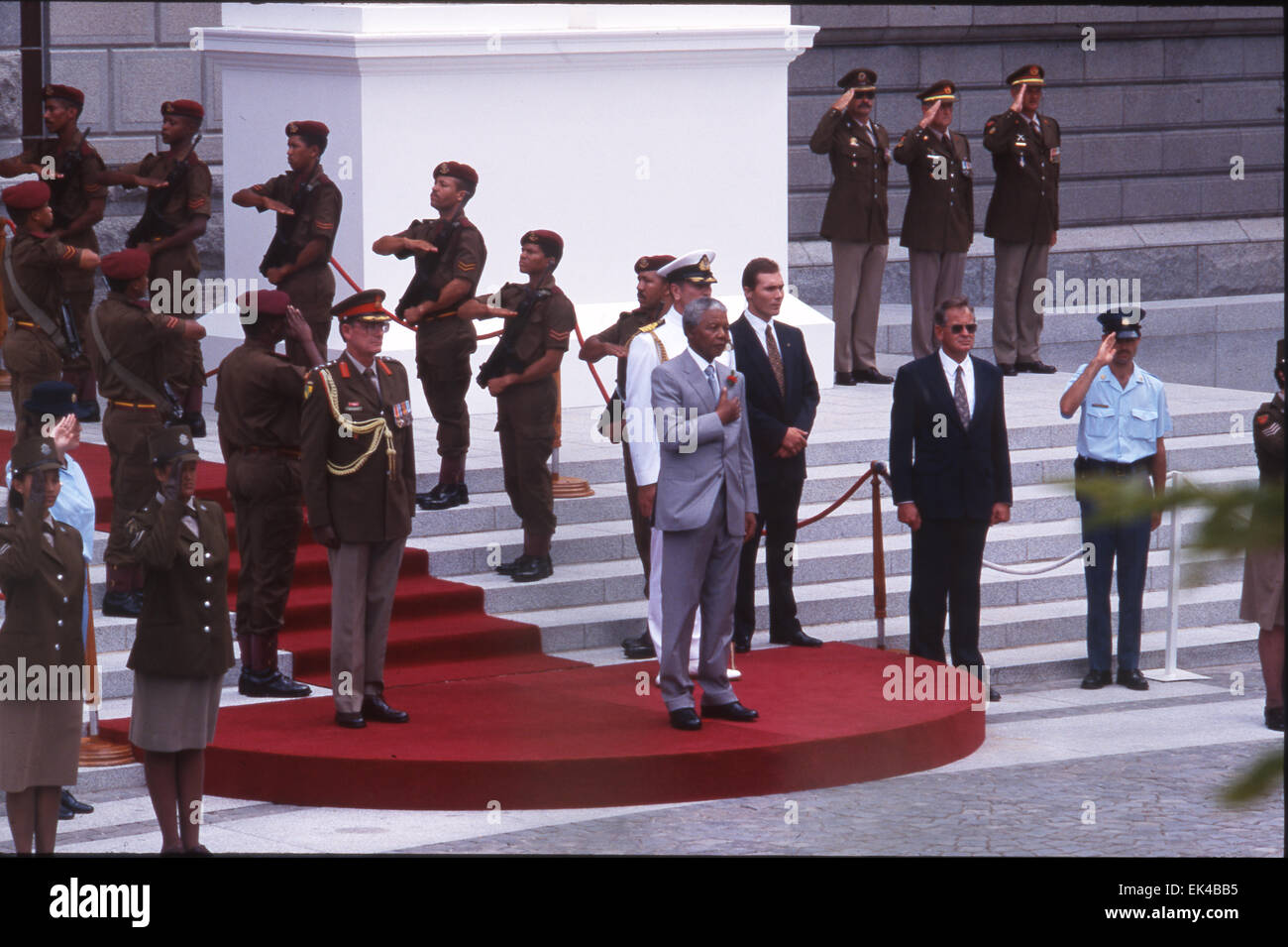 Nelson Mandela sings the National Anthem at the opening of Parliament when he was President of South Africa. Stock Photo