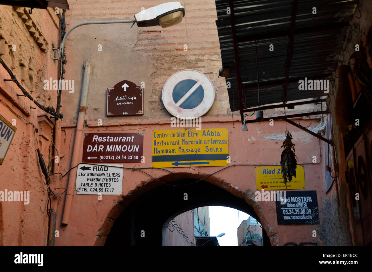 Signs to Riad accommodation in Marrakesh souk Stock Photo